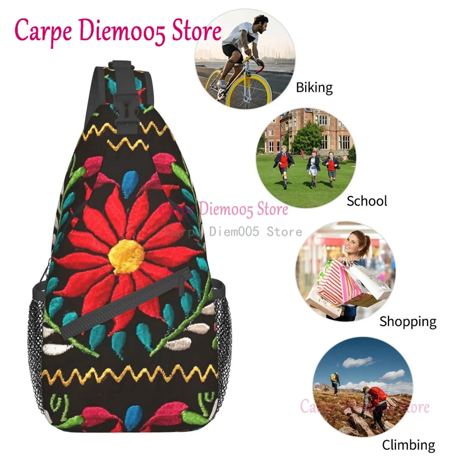 Mochila de hombro para hombre con estampado 3D de flores mexicanas, bandolera con bordado, para senderismo