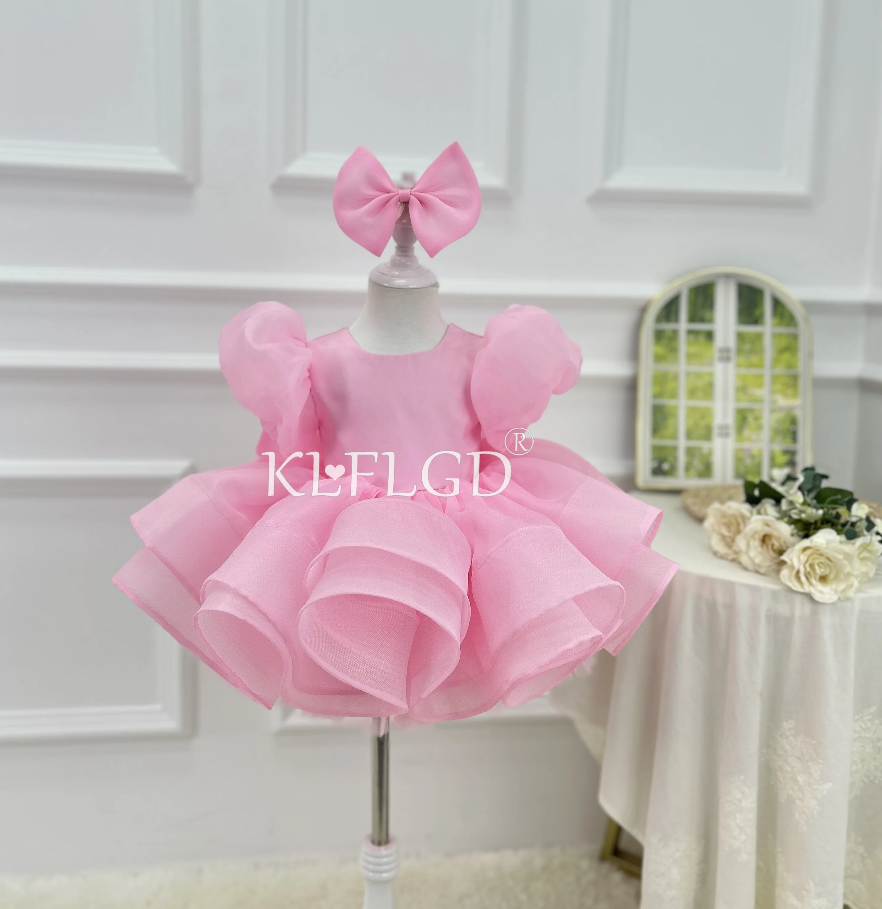 KLFLGD Toddler Pageant Dress New Bubble Sleeves Pink Childrens Clothes Christmas Baby Luxury Dress Party Big Butterfly Girl Cost