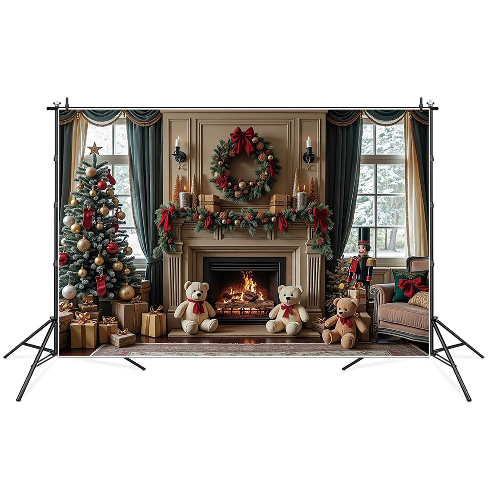 

MOON.QG Teddy Bear Fireplace Christmas Photography Backdrop Wreath Window Photozone Background Children Studio Photobooth Props