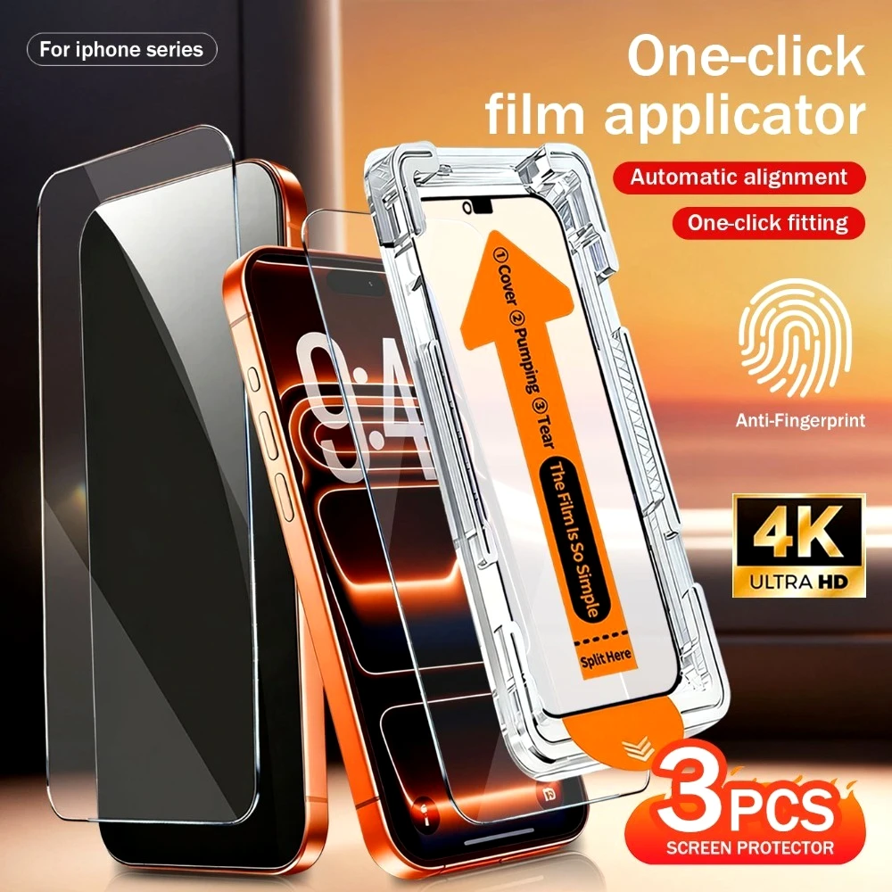 

3Pcs Ultra HD Full Tempered Glass for iPhone 17 16 15 14 Pro Air 16 15 Plus 13 12 11 Pro Mini One Click Installation Protectors