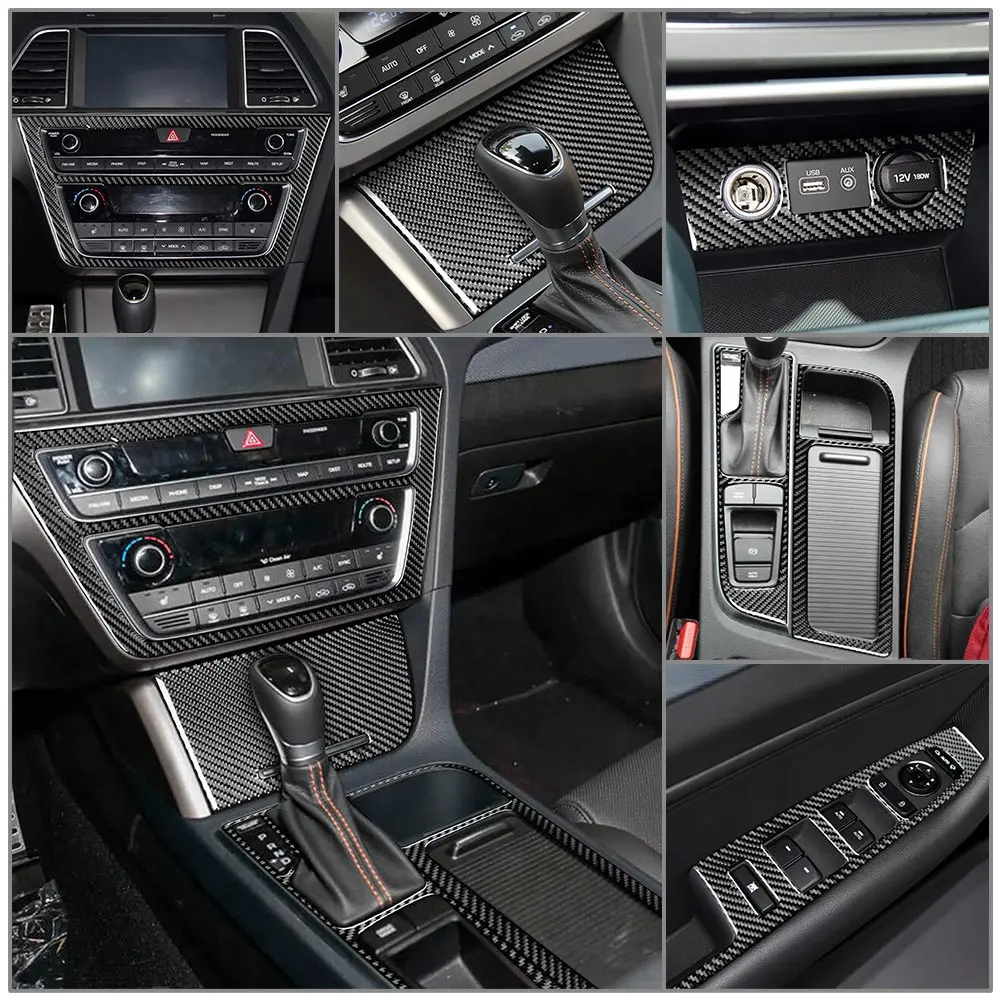 21Pcs LHD Car Carbon Fiber Pattern Interior Dash Trim Kit Decoration For Hyundai Sonata 9th 2015 2016 2017 2018 2019 Black