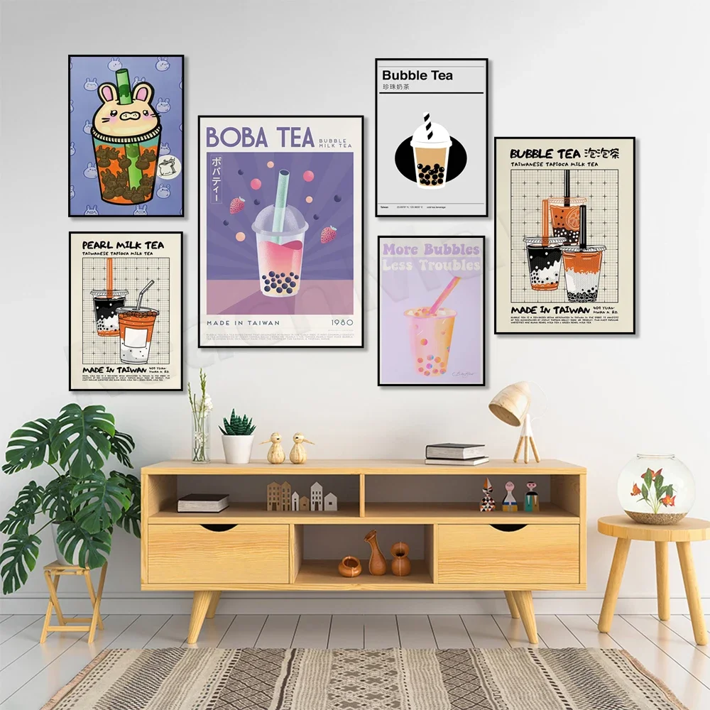 Fashion retro bubble milk tea art nostalgic Taiwanese asian food, boba tea poster, bubble tea, danish pastel kitchen decor