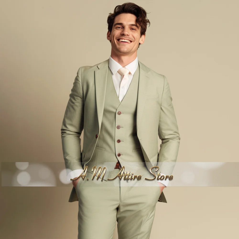 Sage Green Men Suit 3PCS Notch Lapel Blazer Vest Pants Set for Wedding Party Graduation Ball Dinner Performance Custom Tuxedo