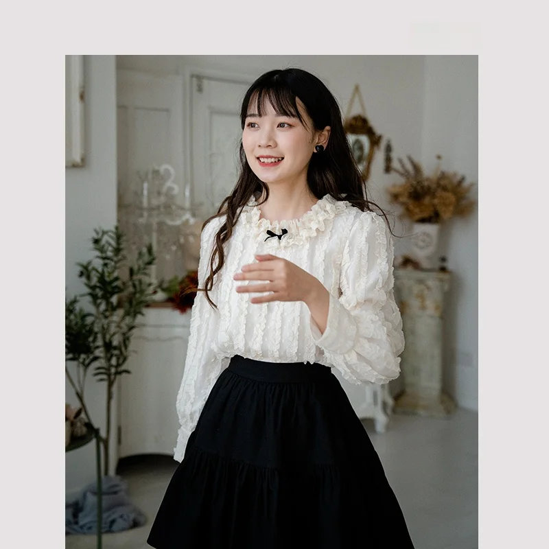 

Sweet Style Early Spring Short Sleeve Women's Shirt Design Sense Lotus Leaf White Long Sleeve Top Fashionable I'm Miss Tun