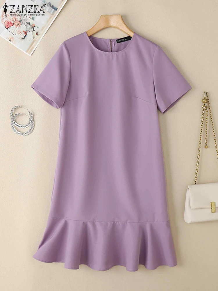 ZANZEA Rüschen Saum Mode Knie-länge Vestidos Pendeln Solide 2025, Sommer Frauen Roben Femme Kurzarm Oansatz Casual Kleider