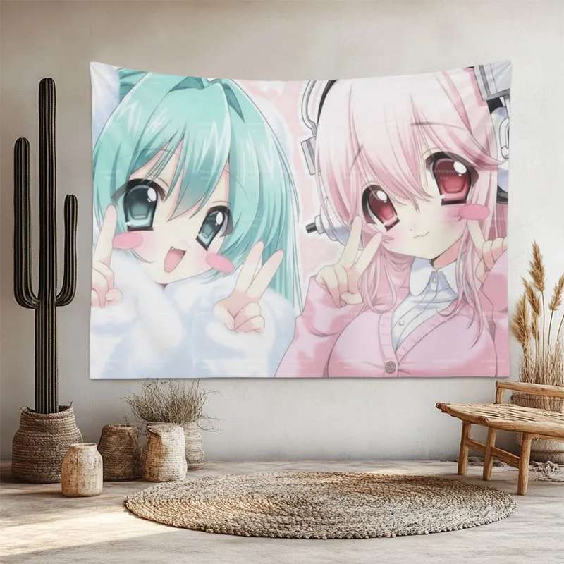 S-Super Sonico & Green Hair Anime Girl Tapestry Cute Girlish Heart Room Decor Accessories Room Decoration Items For Otaku