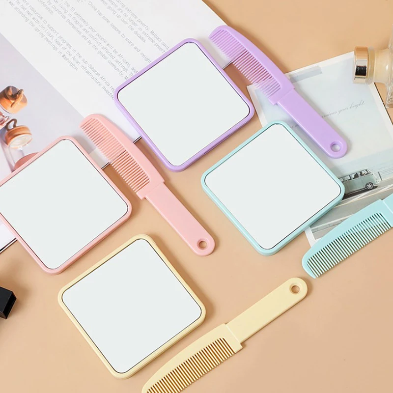 Portable Kawaii Mirror Comb Candy Color Handheld Extracted Square Travel Hair Brush Massage Styling Tool Gifts For Girls