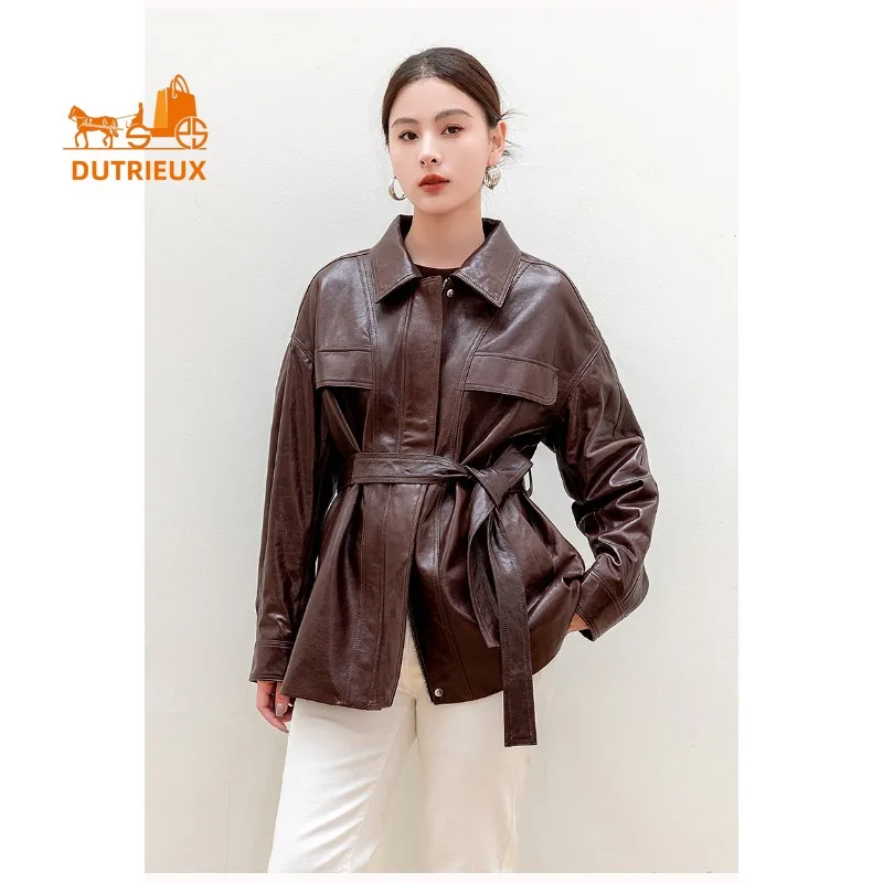 新しい秋の女性用ミッドレングス本革ジャケット、100%本物のシープスキン、スリムフィットカジュアルファッションジャケット、女性に最適