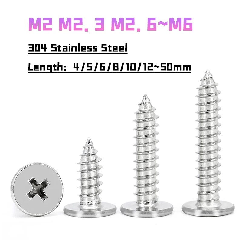 Peijian SUS304 Stainless Steel M2 M2.3 M2.6 M3 M3.5~m6 Ultra Thin Phillips Flat Wafer Self-tapping Wood Screw Length 4mm To 50mm
