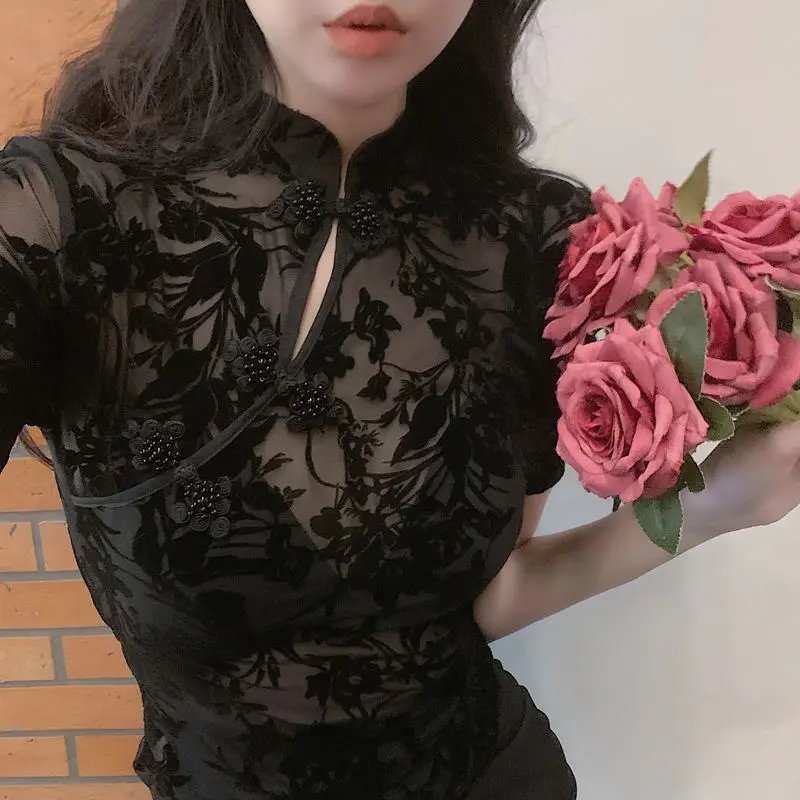 

Летние рубашки в китайском стиле, женские нерегулярные тонкие прозрачные сексуальные элегантные женские рубашки с короткими рукавами и цветочным принтом, винтажные, эстетичные