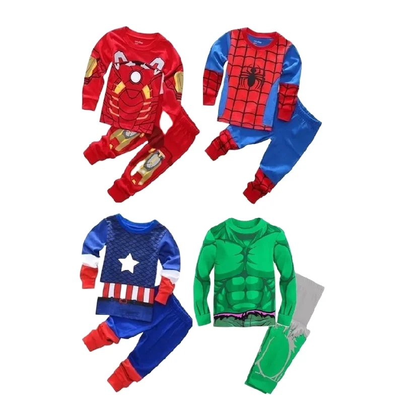 Marvel The Avengers Captain America Spiderman Children\'s Spring and Autumn Long Sleeve Suit Iron Man Hulk Pajamas Home Clothing