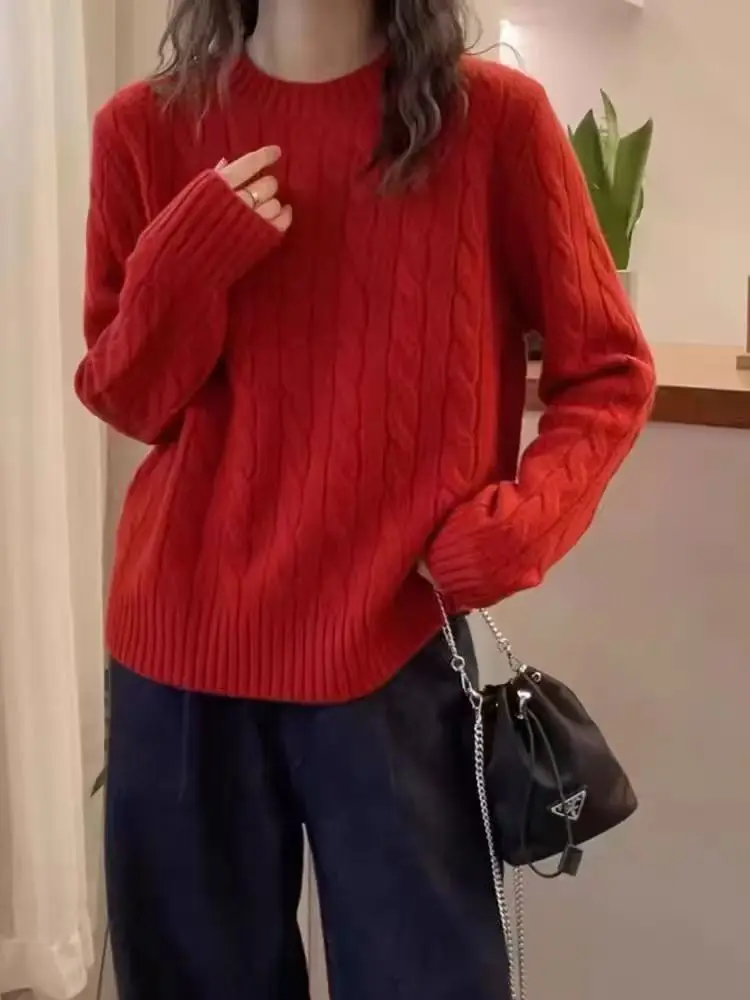 

Thiened Texture Knitted Sweater Women's Autumn Winter Loose Slimming round Ne Cable Knit Top Warm Outerwear Base Layer irt