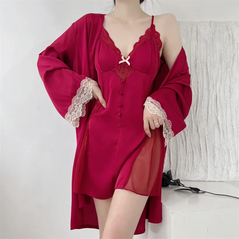 Women\'s Two Pieces Robe & Gown Sets Women Silk Satin & Lace Nightgowns Female Robe Nightdress Sleepwear Luxury Lingerie Suits