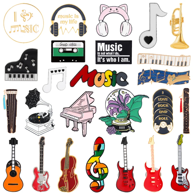 Símbolo musical criativo instrumento esmalte pinos piano cd grafofone rock guitarra fone de ouvido liga broche crachá doce jóias presente