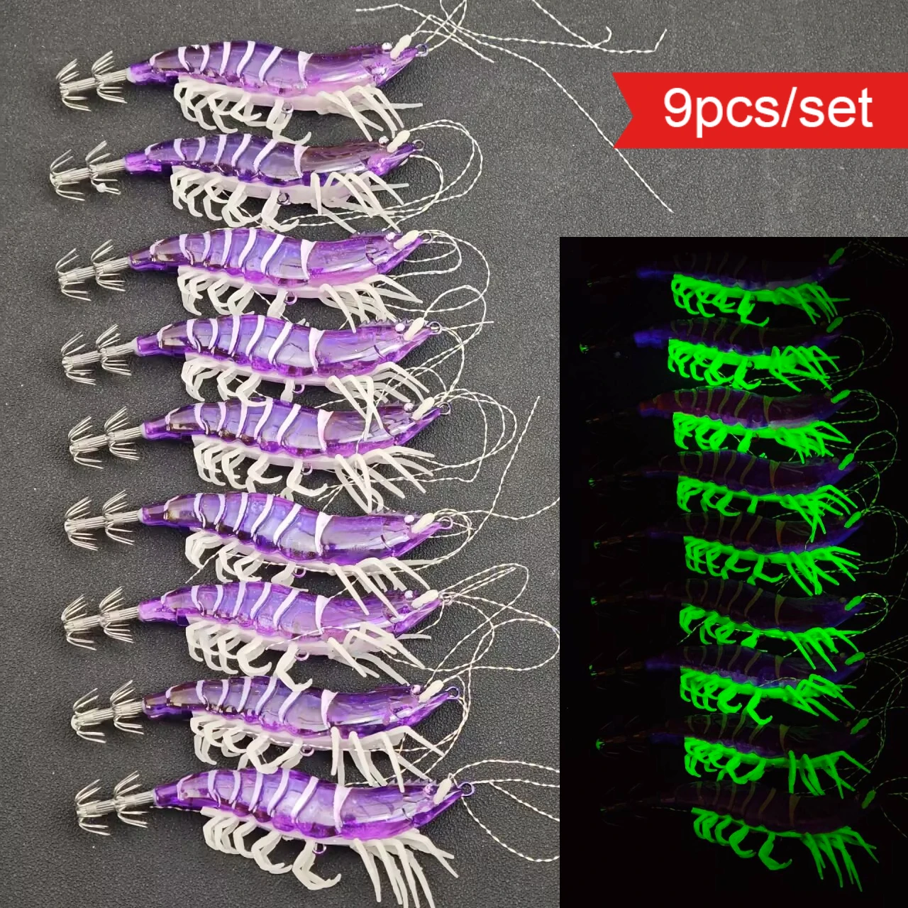 

Eging Squid Jig Set 9pcs 10.5cm Purple Simulation Shrimp Fishing Lure Luminous Cuttlefish Bait Saltwater Fishing Tackle Octopus