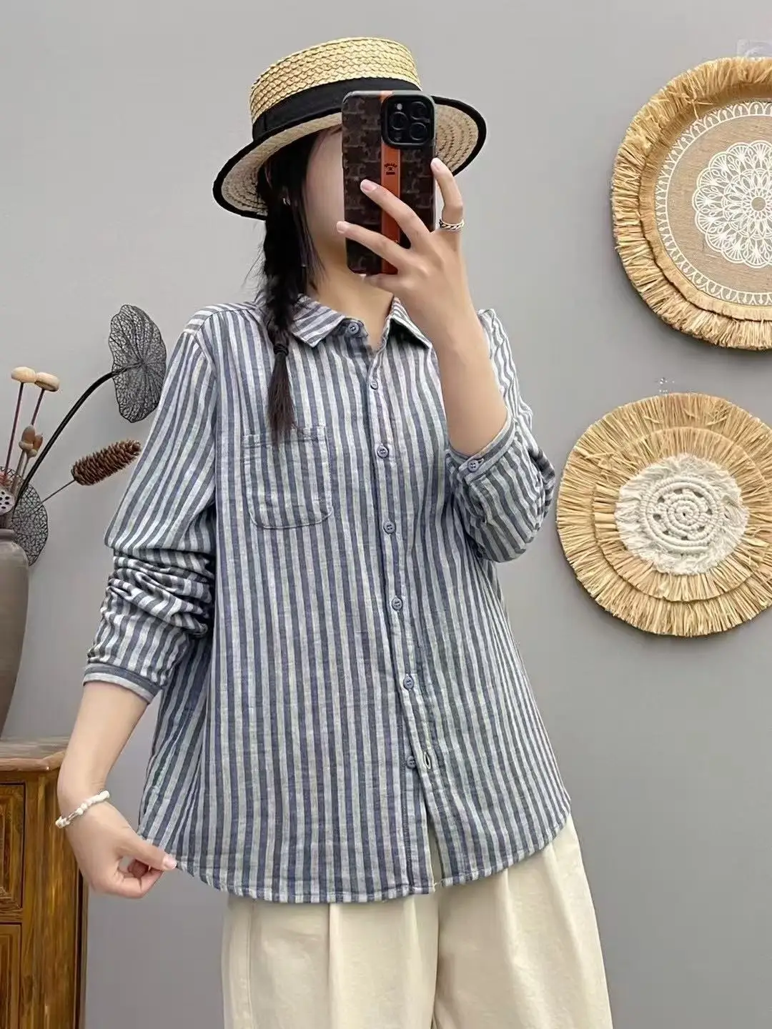 Nuova camicia a maniche lunghe in filato di cotone primavera 2025, colletto rovesciato da donna a righe, camicetta allentata morbida casual retrò Mori Girl T53122CC