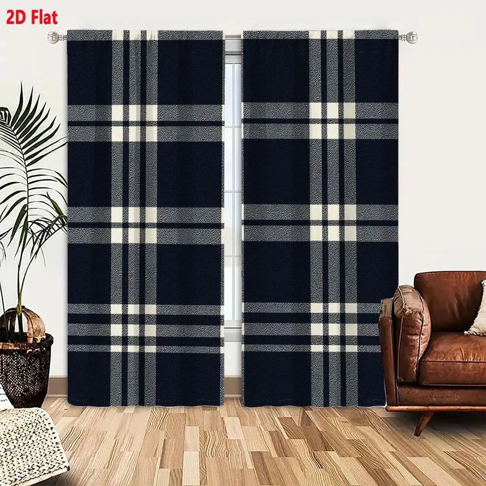 2Pcs Curtains 2D Flat Classic Navy Blue Tartan Plaid Pattern With White And Gray Stripes Window Drapes for Bedroom Room Decor De