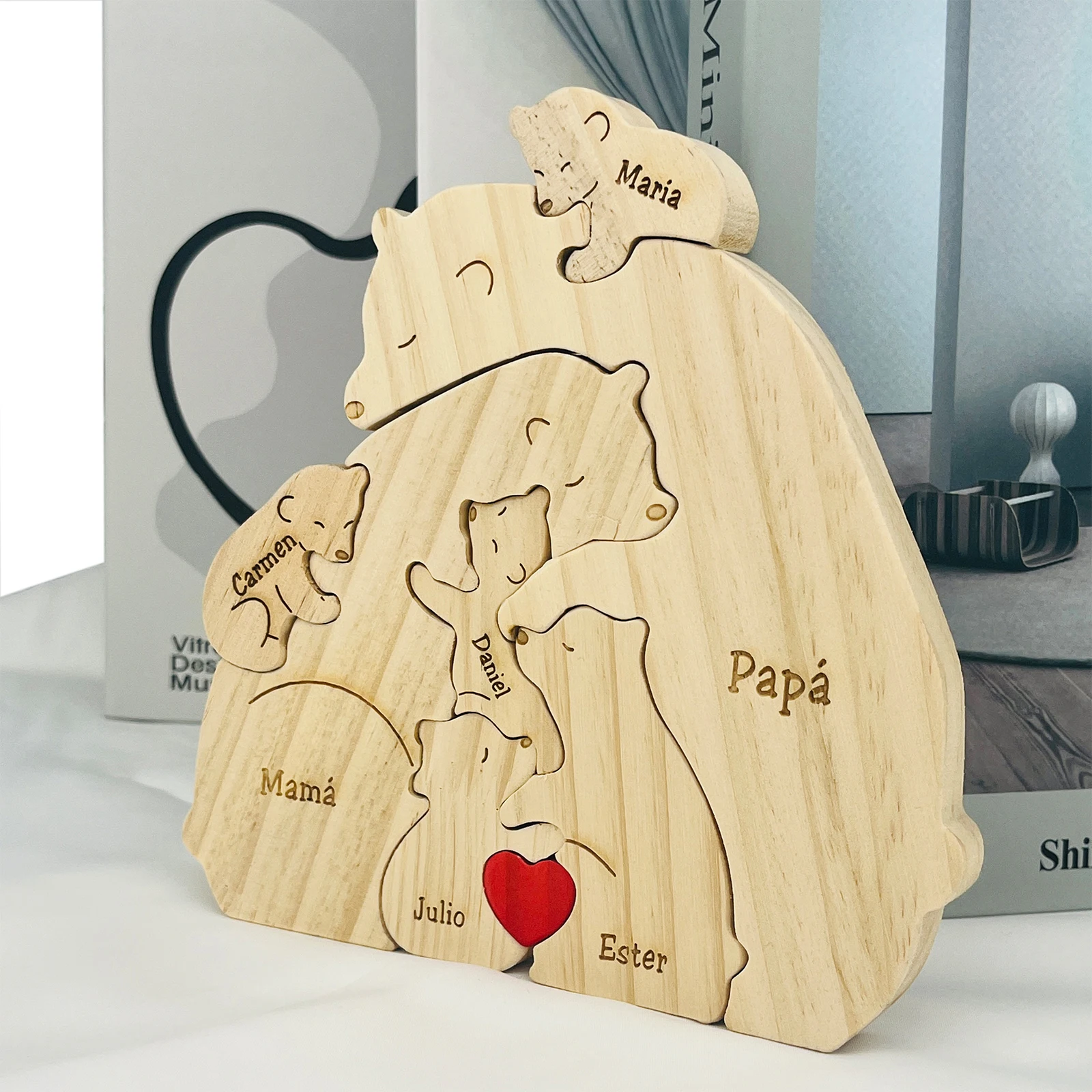 Personalized custom wood puzzles Warm family bear indoor decorations mother and child set hugging bear solid wood ornaments