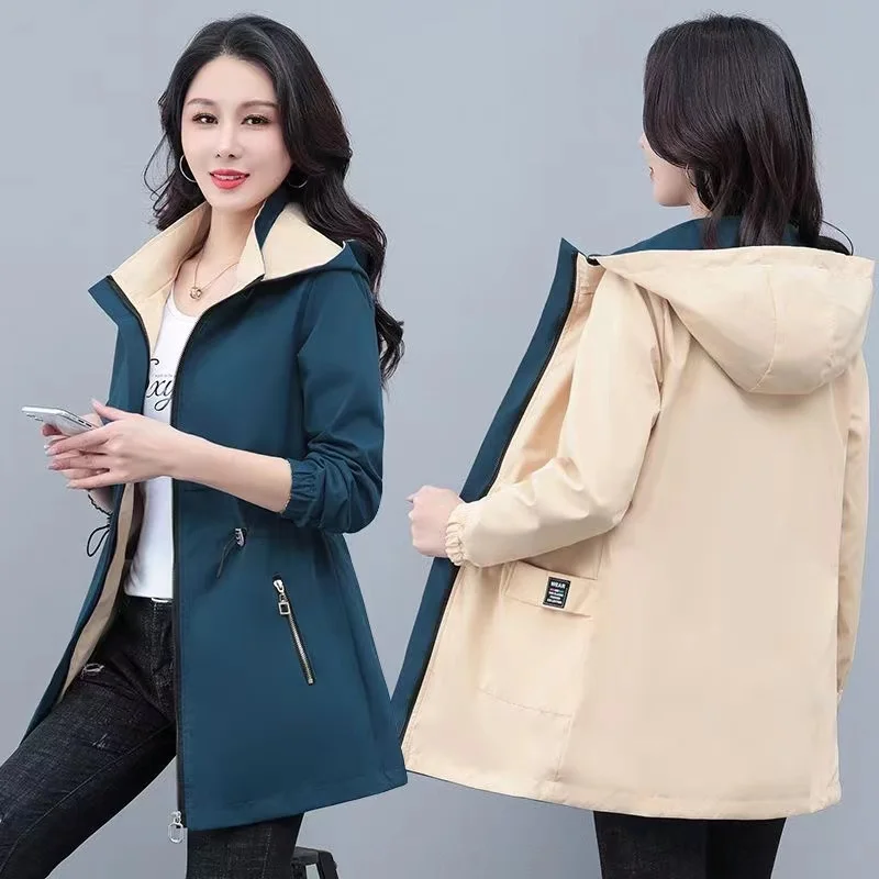 

2024 New Spring Double-Sided Trench Coat Women Autumn Clothes Hooded Mid Long Windbreaker Female Outerwear Tops Gabardina Mujer