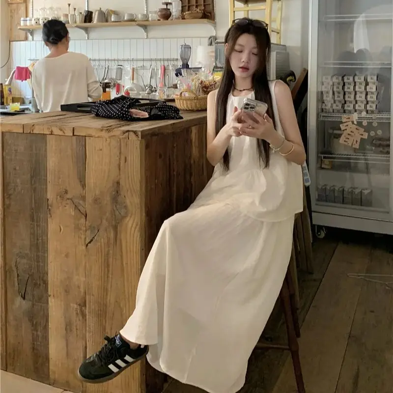 Women Sweet Cake Skirt 2024 Summer Small Fresh Simple Holiday Wind Breathable Cool Linen A-line White High-waisted Long Skirt