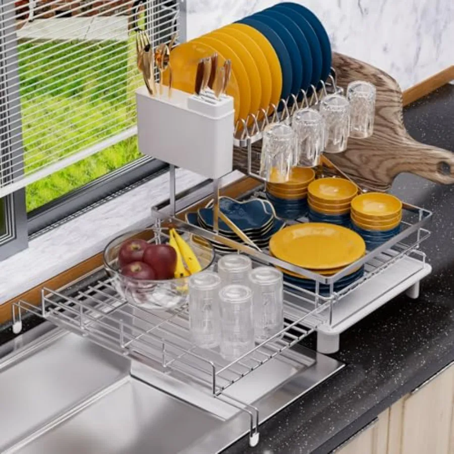 

2 Tier Expandable Dish Drying Rack Stainless Steel Kitchen Counter Dish Drainer with Cup Holder and Cutting Board Rack Large Cc