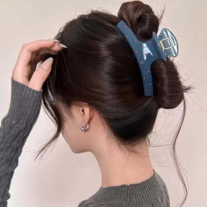 1Pcs Vintage Blue Polka Dot Red Bow Hair Clip Shark Claw Clamp Hairpin Barrette Korean Hair Headwear Accessory For Women 2025