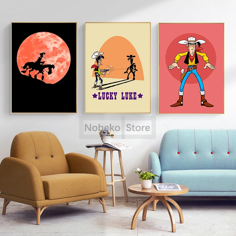 ملصق لوك المحظوظ للرسوم المتحركة الفرنسية ، كاريكاتورية ، مطبوعات رعاة البقر المضحكة ، لوحة قماشية ، صور فنية جدارية ، ديكور لغرف المنزل