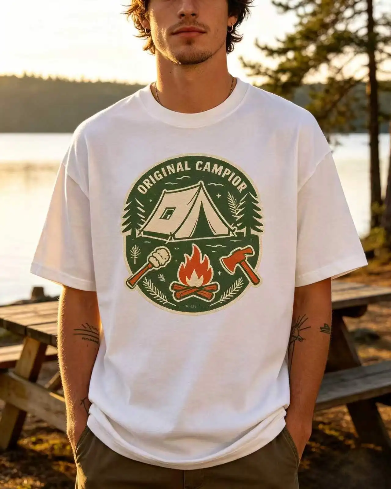 Unisex Original Camper Tent Campfire Axe Forest Graphic T‑Shirt Men Women Outdoor Adventure Vintage Oversized Cotton Tee
