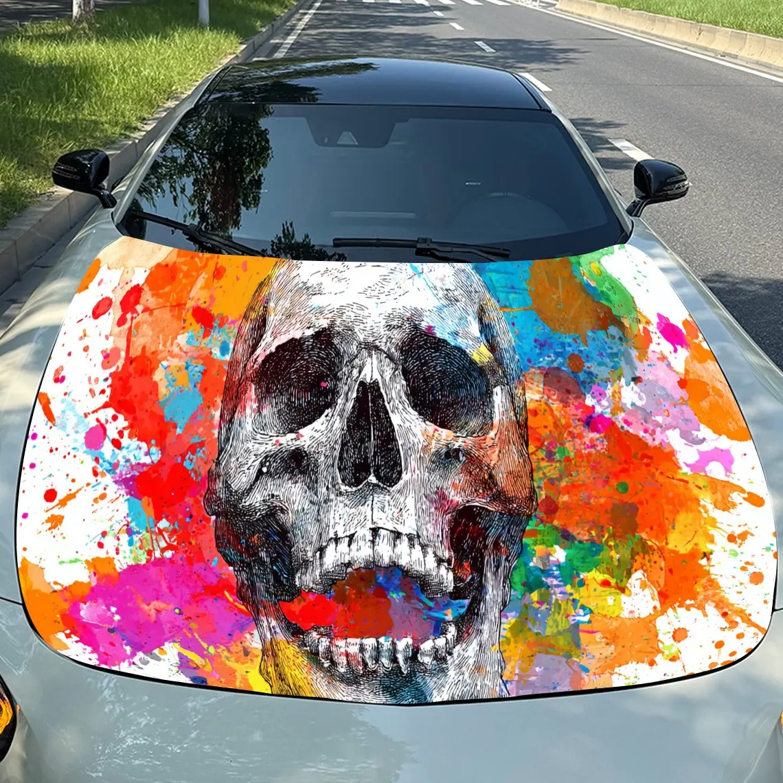 Dynamic Colorful Graffiti Skull PVC Car Hood Wraps, Self-Adhesive Waterproof Car Bonnet Decal Sticker, Car Decoration Protection