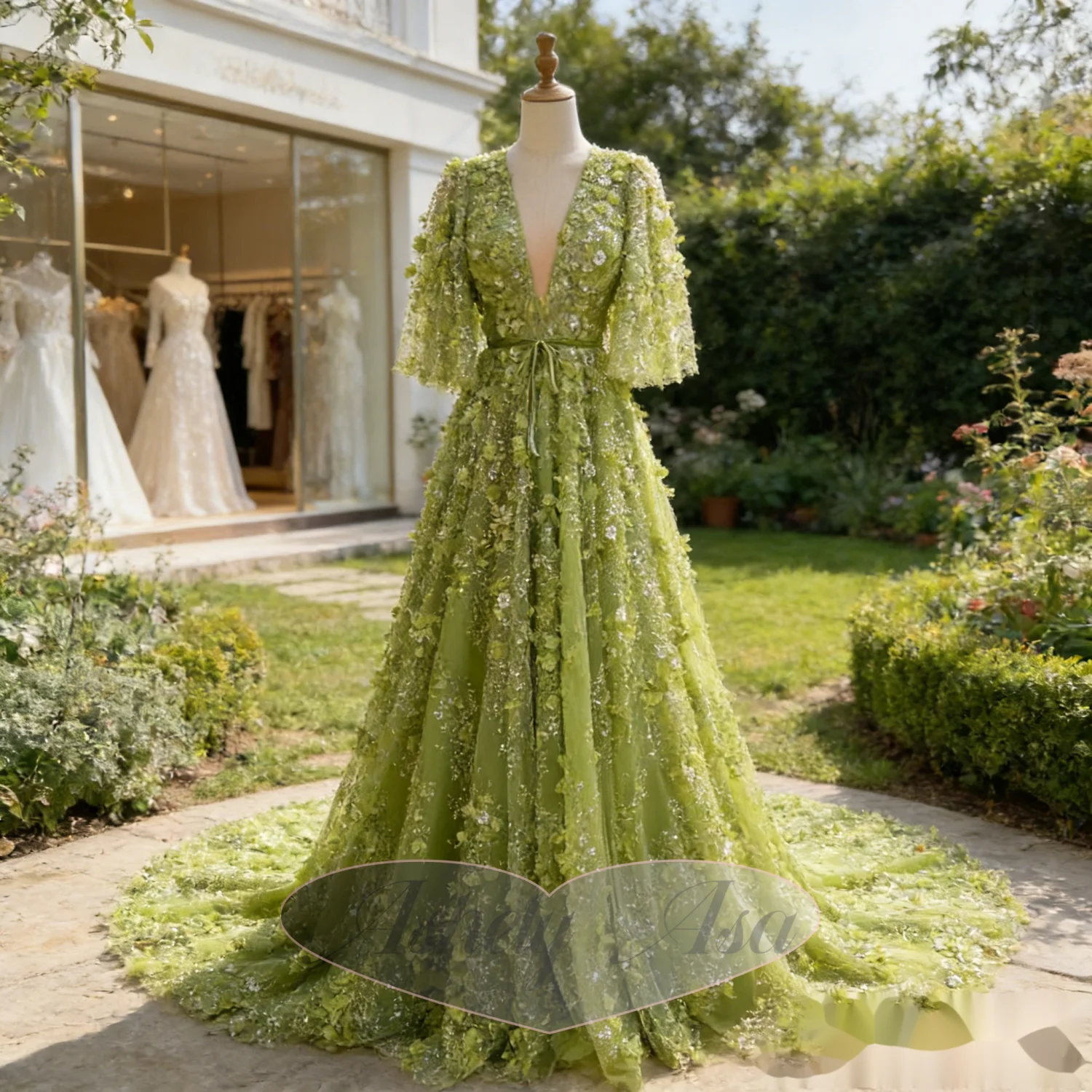 Customized Sage Green Luxury Prom Dresses 2026 V Neck Short Sleeve A Line Long Crystal Flower Women Evening Formal Dress Party view 2