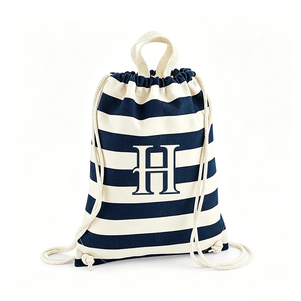 

Personalized Stripe Cotton Bag Drawstring Closure Storage Reusable Pouch for Jewelry Cosmetics Travel Custom Text Logo Casual