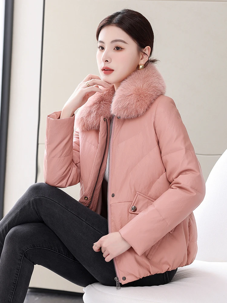 

Женская зимняя куртка-пуховик Ning из натуральной кожи с меховым воротником, утепленная, свободного кроя, на молнии, новая коллекция