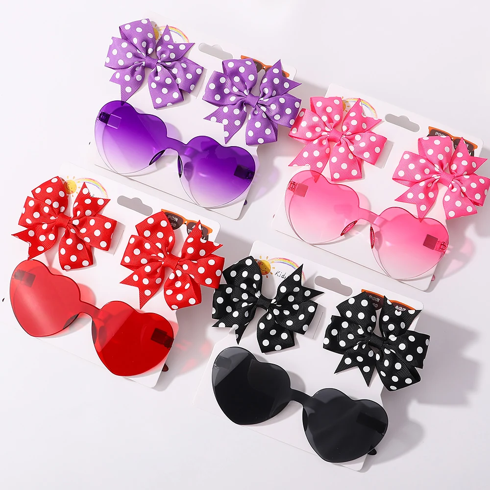 3 Teile/satz Kinder Nette Feste Dot Haarnadel Bunte Herz Sonnenbrille Set Mädchen Boutique Bowknot Haar Clips Kinder Haar Zubehör – Detail 1