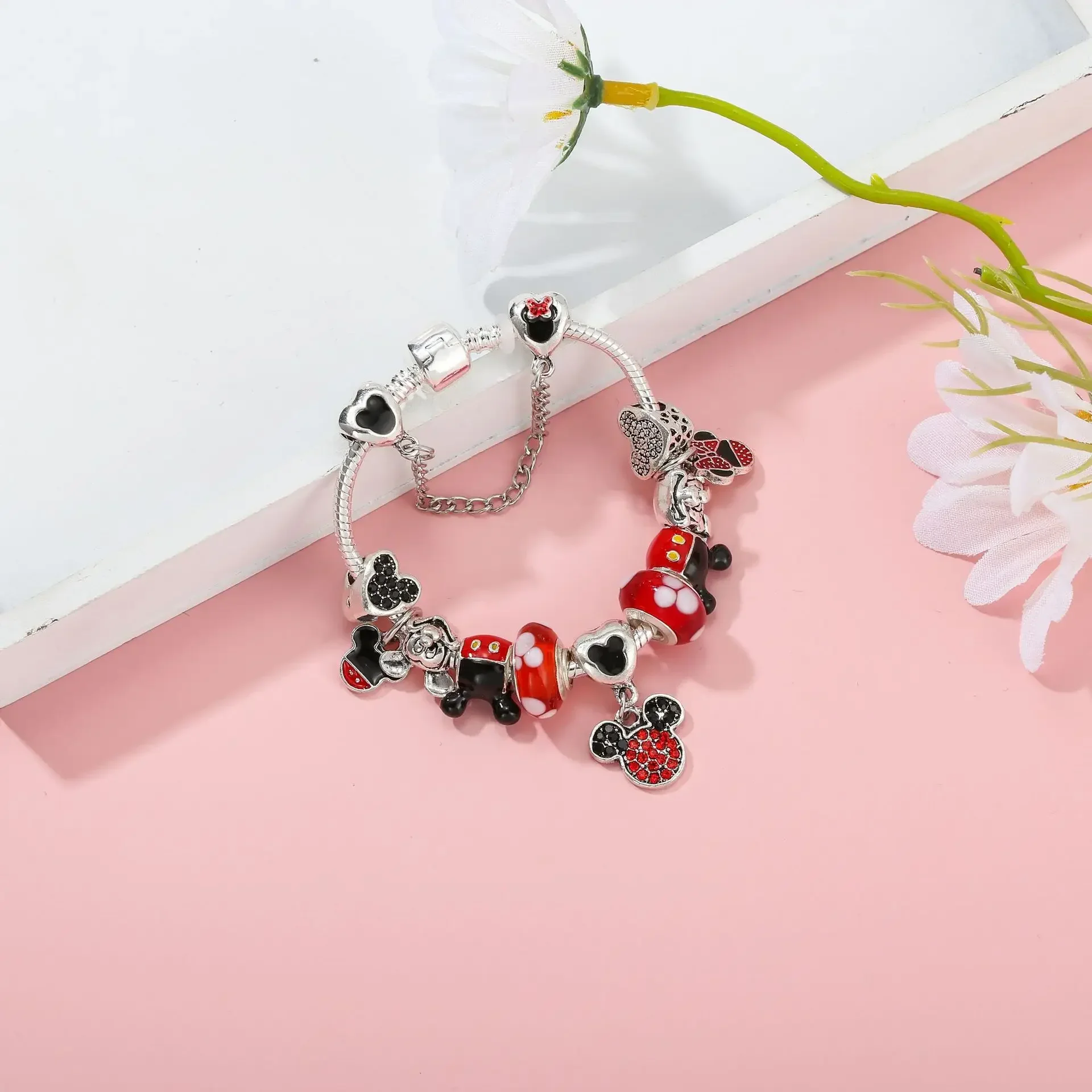 Disney Classic Design Mickey Minnie Charm Bracelet Silver Color Round Women Girl Fashion Jewelry Bracelet Pulsera Mujer view 3