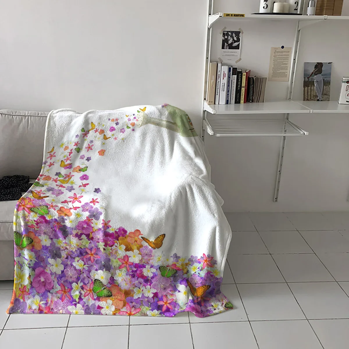 Butterfly Flowers Kettle Watercolor Painting Blanket Fleece Throw for Bed Couch Sofa Home Sheet Kids Adult Flannel Blankets King