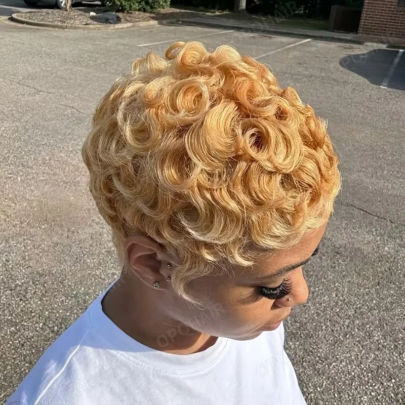 Pixie Cut Human Hair Wig 27# Brazilian Virgin Human Hair Wig Pixie Cut Wig with Bangs Glueless Layered Wig Full Machine Made