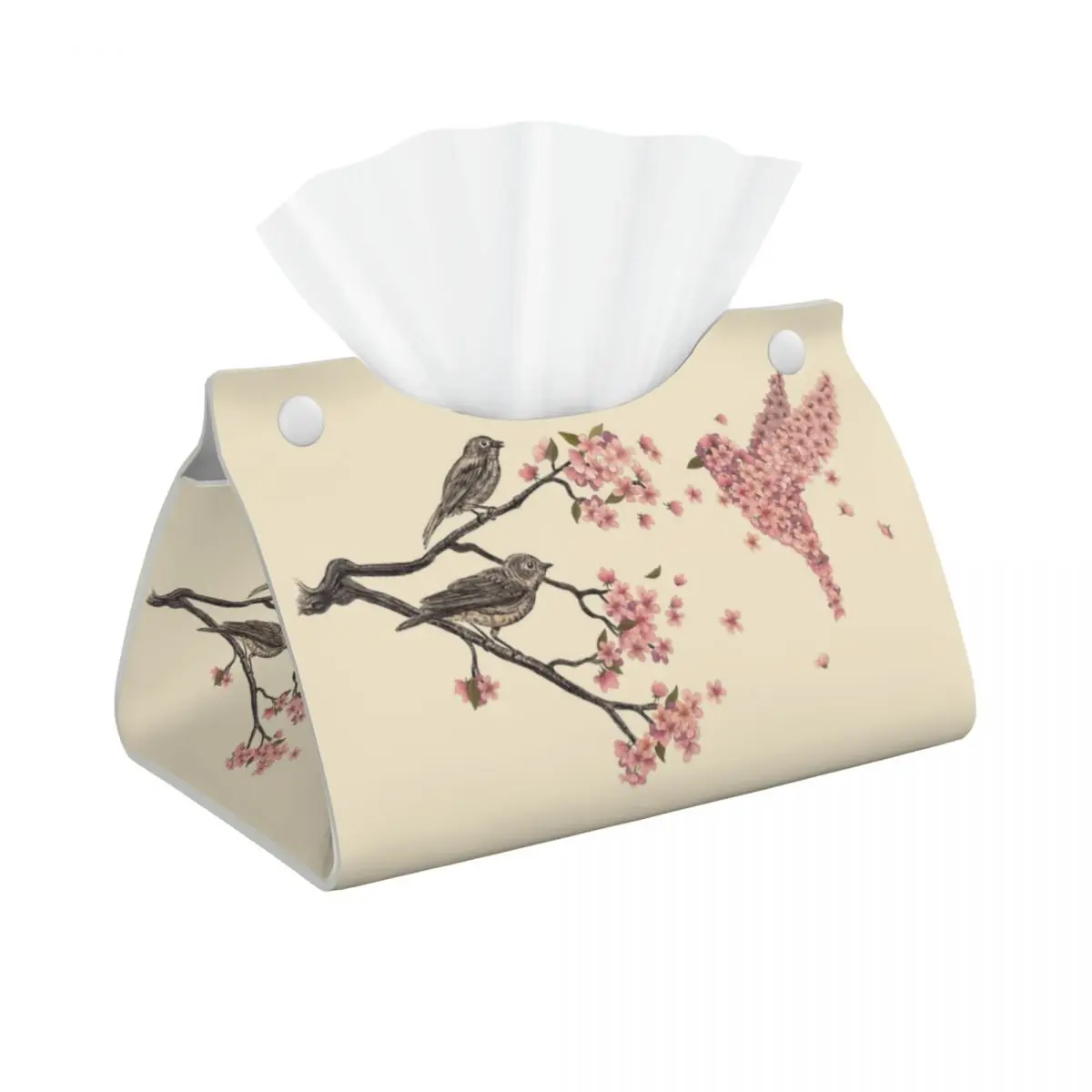 Custom Blossom Bird Tissue Box Cover PU Leather Rectangular Japanese Sakura Flower Facial Tissue Box Holder for Bathroom Toilet