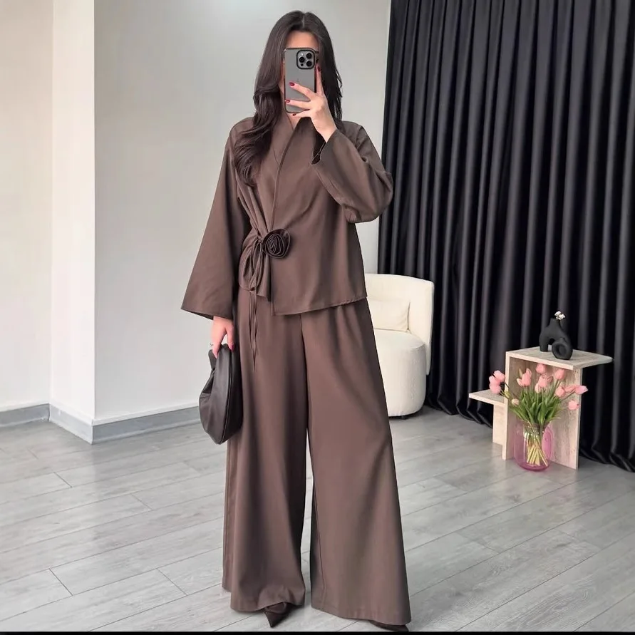 Kimono 2 Piece Pant Set Women Tie Waist Long Sleeve Wrap Top Wide Leg Pants Casual Vacation Matching Outfit Loose Lounge Suit