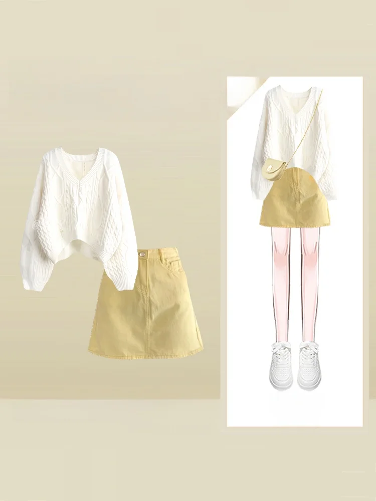 Autumnal Dopane Knitted Sweater And High Waist ort Skirt Two-Piece Set Loose V-Ne Faionable And Slimming for Women
