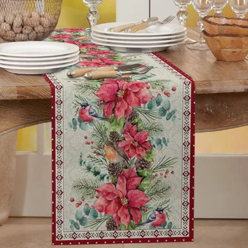 Luxury Christmas Red Flower Green Leaf Plant Decoration Table Flag Family Dining Tablecloth Table Flag Wedding Party Decoration