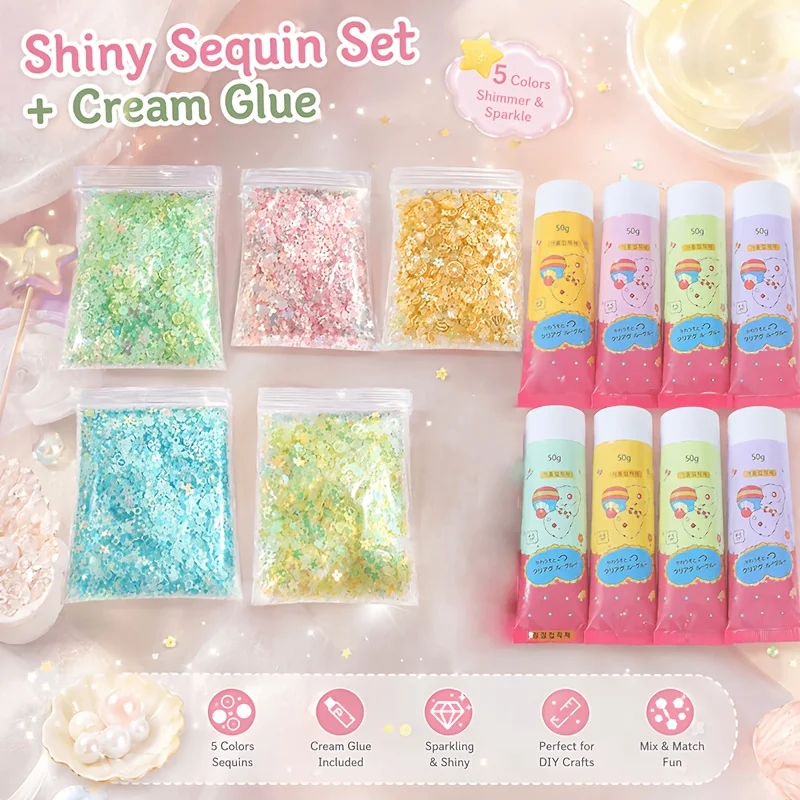 8 Color Cream Glue with 5 Color Iridescent Glitter DIY Kit, 482g/17oz. Smooth Texture, Multi Shape Iridescent Glitters. For Cream Glue Crafters & Jewelry Makers. Decorate Phone Cases, Storage Boxes, Photo Frames, Kuka Cards, Gift Wraps .