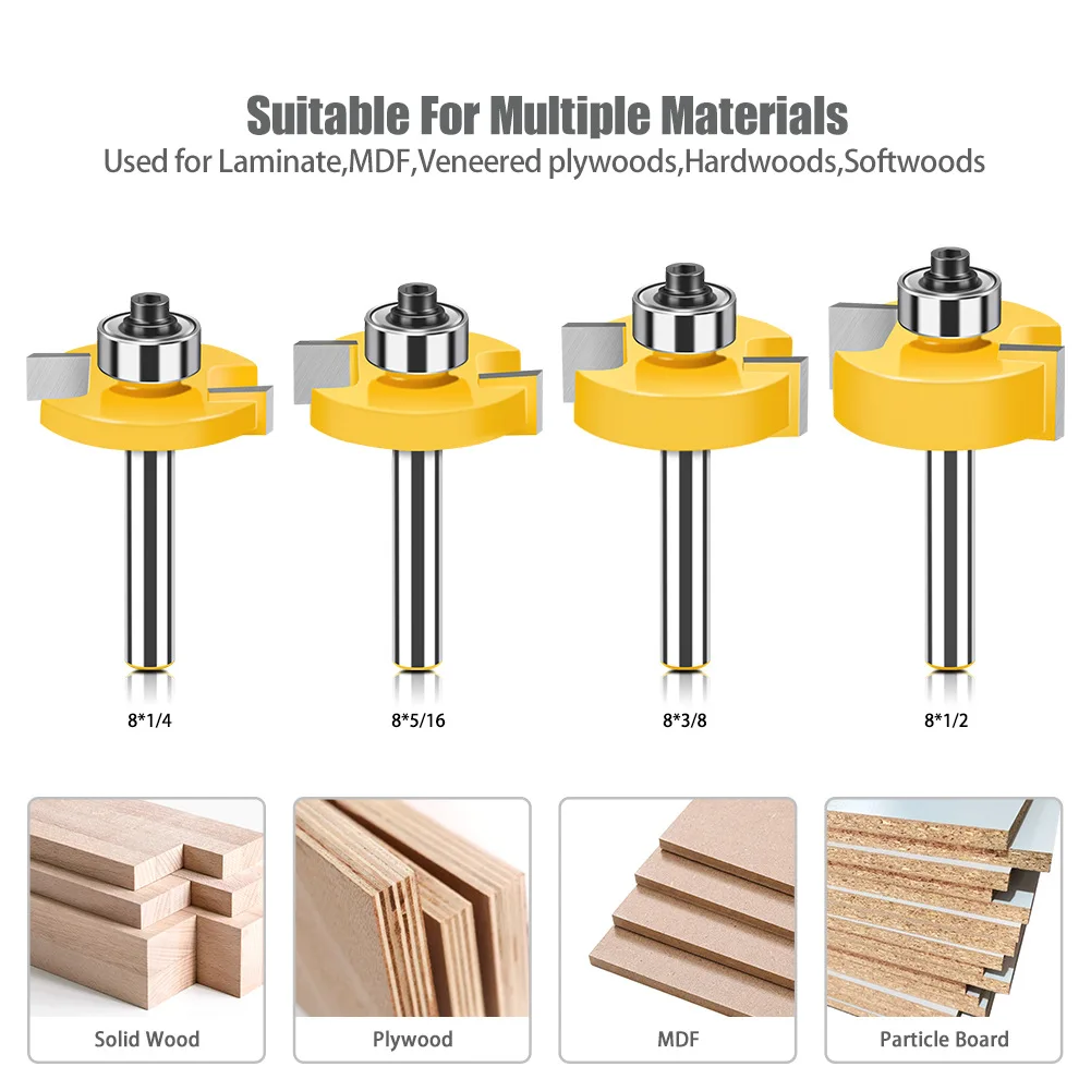 1PC 8MM Shank Milling Cutter Wood Carving T-Sloting Router Bit With Bearing Wood Slot T Type Rabbeting Woodwork Tool For Wood