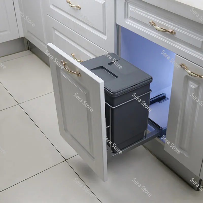 Recessed Pull-Out Kitchen Trash Can with Lid Tall Narrow Hidden Sorting Bin Cabinet Built-In Storage Basket
