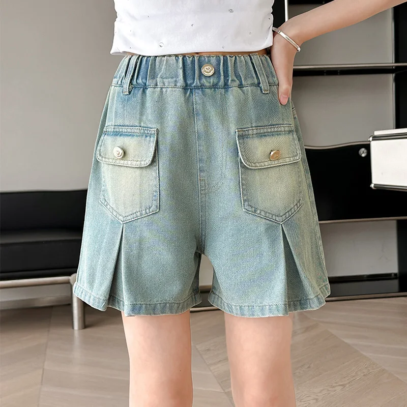 

2025 New Summer Children Pleated Denim Shorts with Cuffs for Tweens Girl Casual Front Pocket Mini Jeans Pants Kids Age 5-14 Year