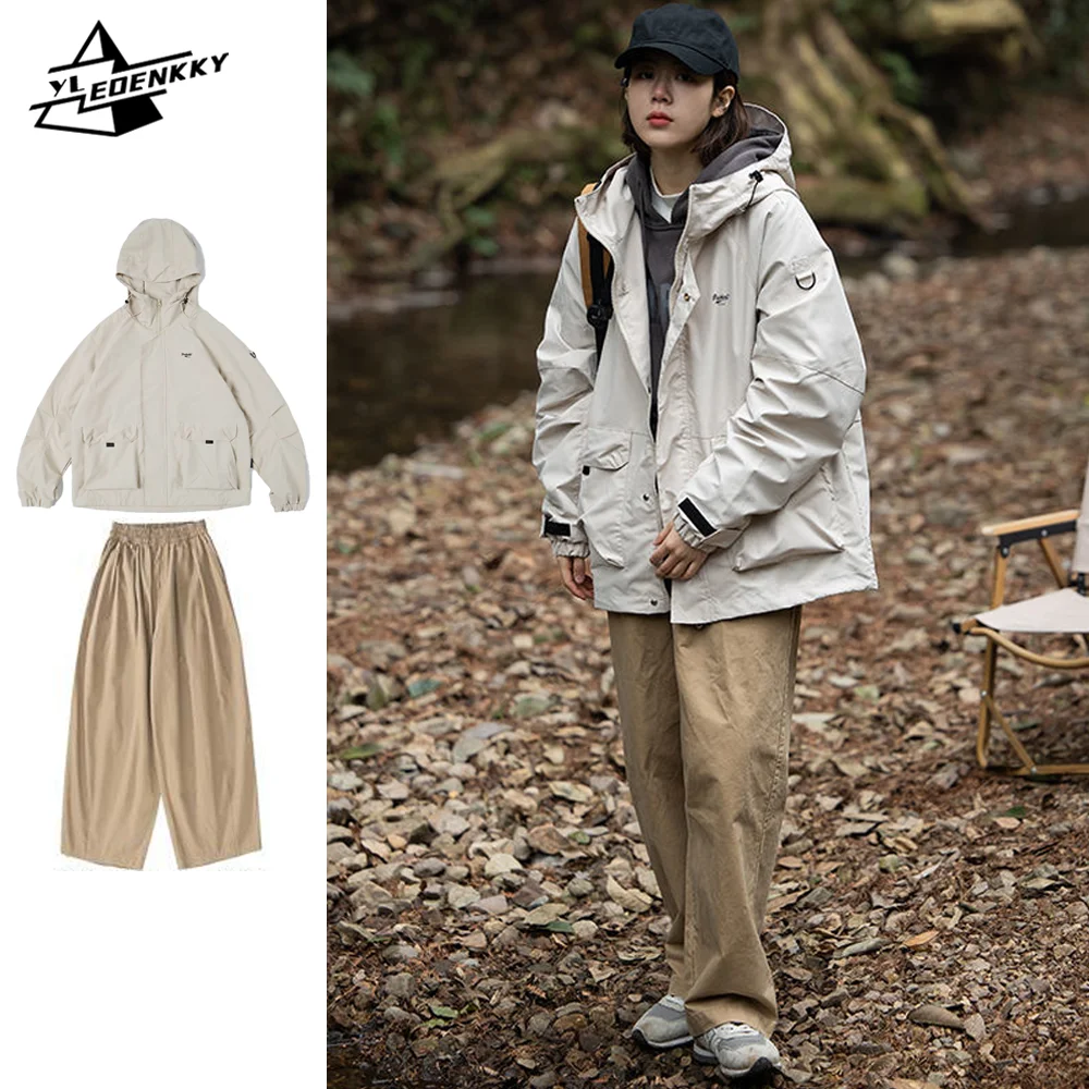 

Harajuku Cargo Set Men Women Outdoor Waterproof Windproof Loose Jacket+Street Hip Hop Wide Leg Casual Trousers Couple Two-piecer