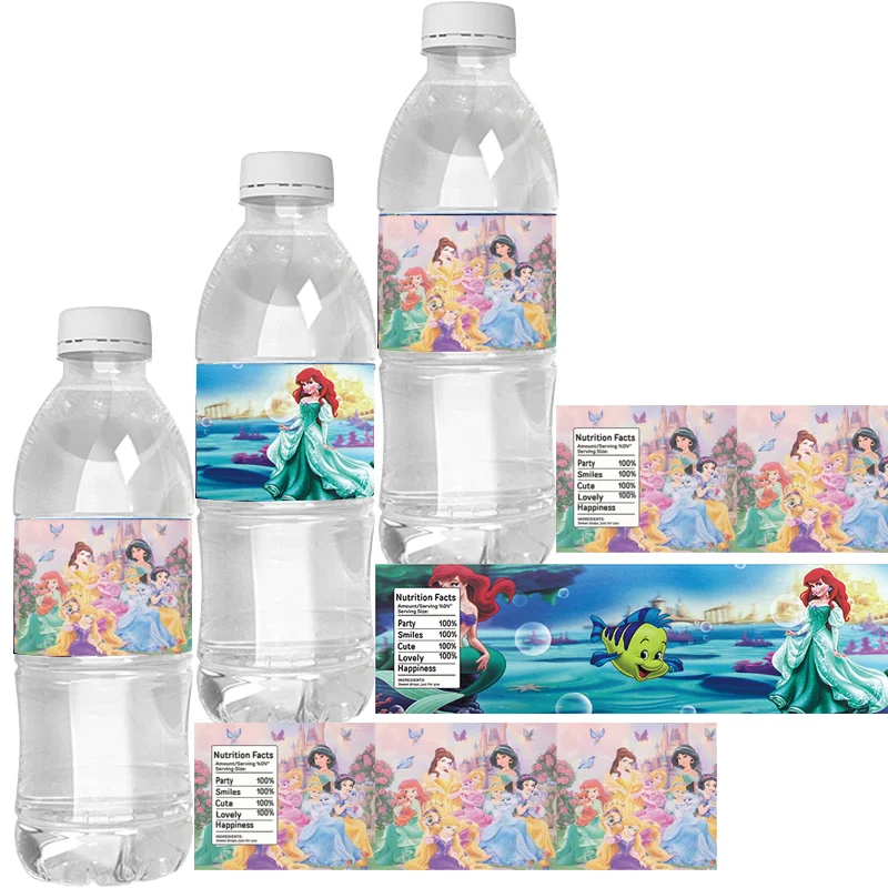

Disney Princess Water Bottle Label Sticker Birthday Decoration Waterproof Sticker Children's DIY Mermaid Party Toy Supplies