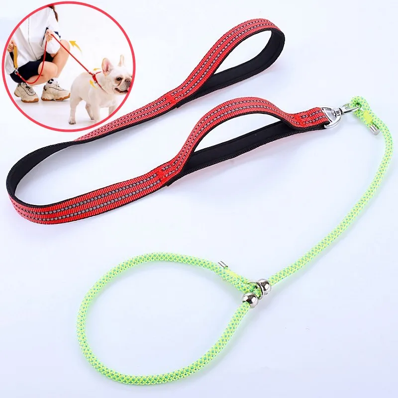 

Поводок-цепь для собак, регулируемый поводок-веревка для выгула собак, двойная ручка, светоотражающая цепь, зоотовары