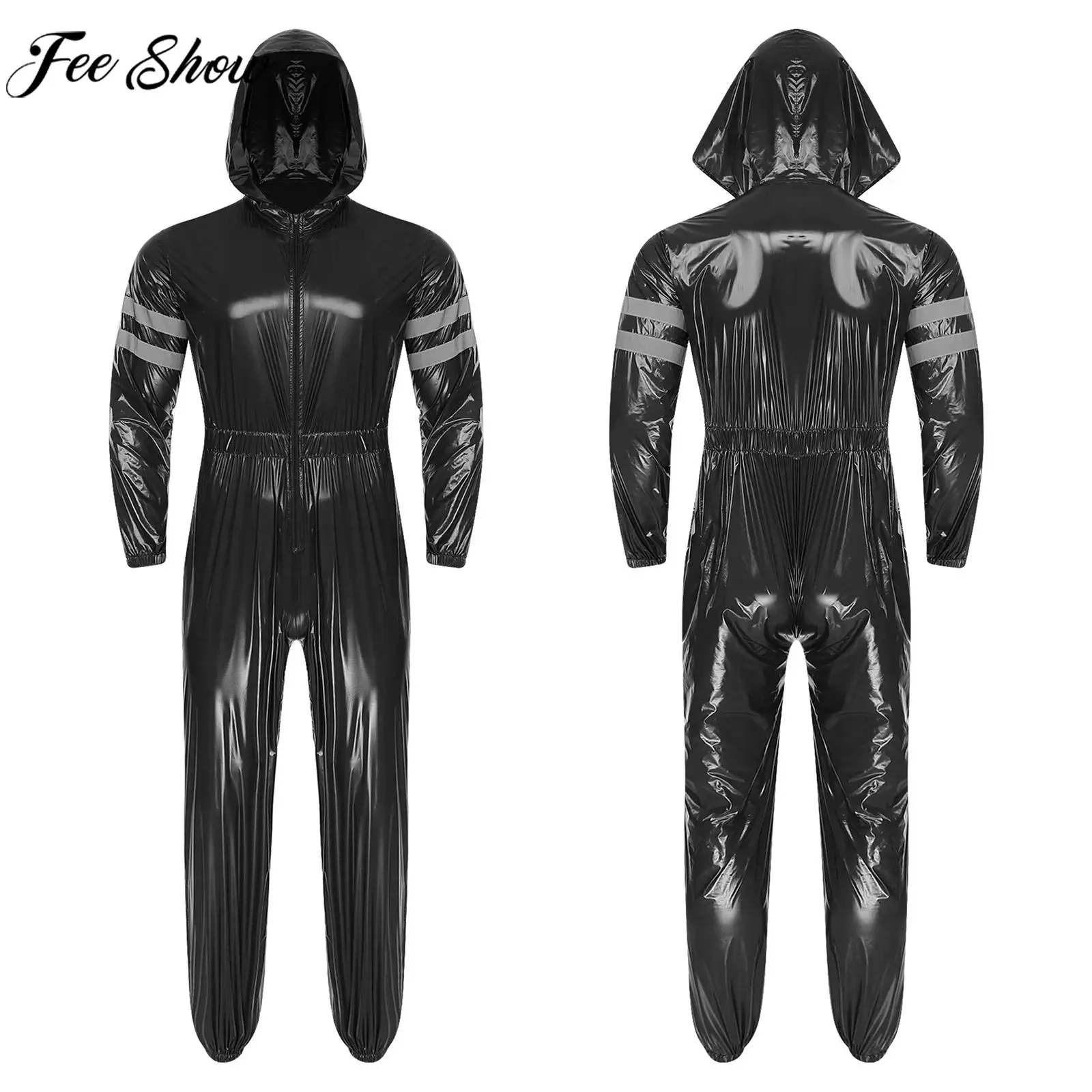 الرجال مقاوم للماء مقنعين المآزر معطف واق من المطر وضوح عالية شرائط عاكسة مرونة الخصر سستة لامعة بذلة ورشة عمل موحدة