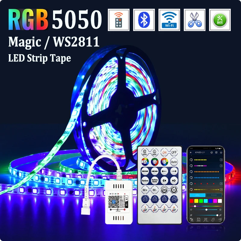 

Magic LED RGB WS2811 DC12V Waterproof Dream Light With IC Chip 5050 SMD Flexible Ribbon Tape 5M 10M 15M 20M Phone APP Control