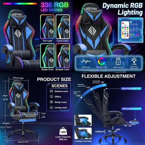 Ergonomic Gaming Chair with Bluetooth Speakers, RGB LED, Massage & Lumbar Support, High Backrest, Blue & Black